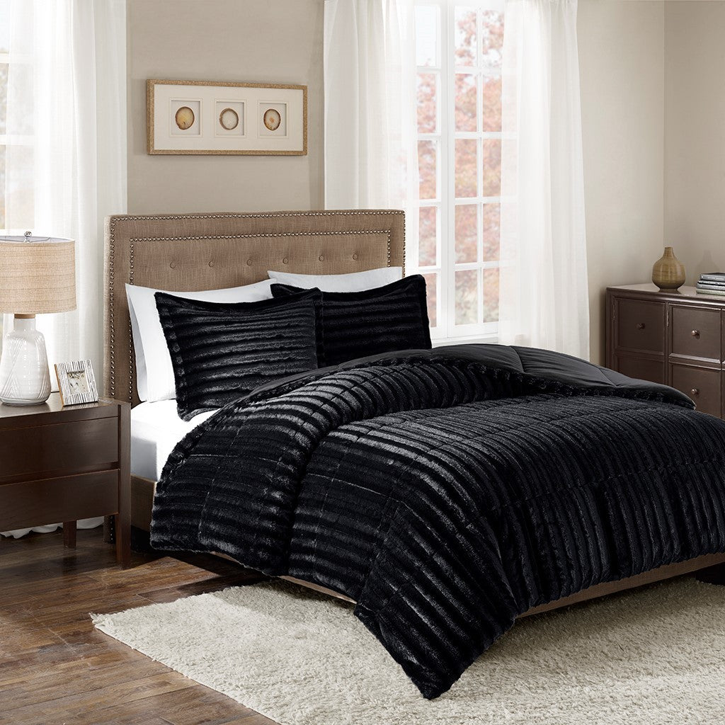 Faux Fur Comforter Mini Set Queen Black Polyester