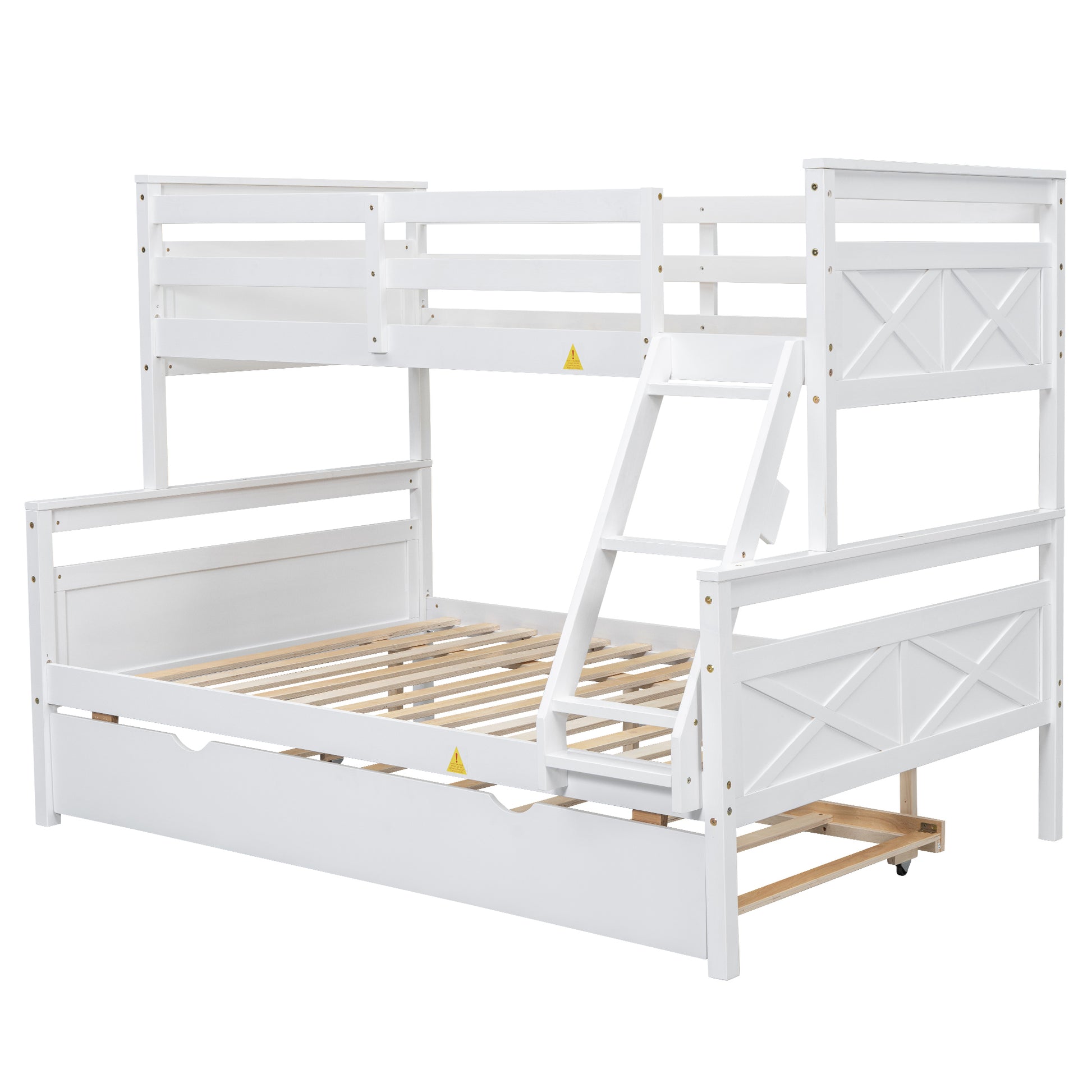 Twin Over Full Bunk Bed With Ladder, Twin Size Trundle, Safety Guardrail, White Box Spring Not Required Twin White Wood Bedroom Bunk Pine