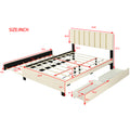 Queen Size Upholstered Platform Bed With 2 Drawers And 1 Trundle, Classic Metal Strip Headboard Design, Beige Queen Beige Mdf Lvl