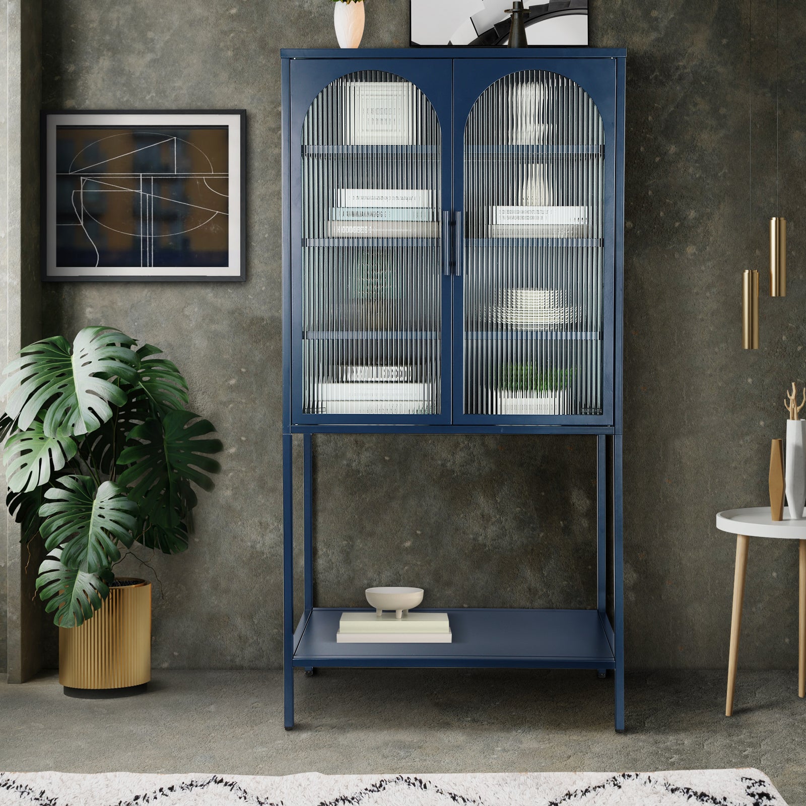 Elegant Floor Cabinet With 2 Glass Arched Doors Living Room Display Cabinet With Adjustable Shelves Anti Tip Dust Free Easy Assembly Blue Blue Tempered Glass Sheet Metal Plastic