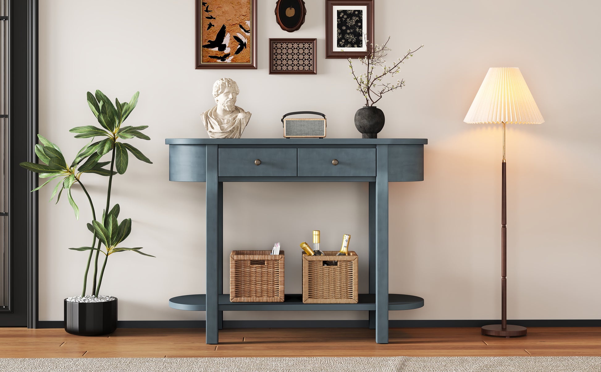 Elegant Retro Console Table With Curved Design And Smooth Glaze For Entryways, Living Rooms And Hallways Navy Navy Solid Wood Mdf