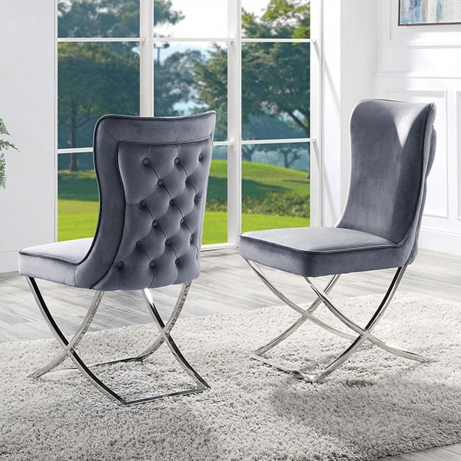 Glam Gray Velvet 2Pcs Side Chairs Button Tufted Chrome Frame Upholstered Dining Chairs Furniture Set Gray Dining Room Classic,Contemporary,Luxury,Traditional,Vintage Side Chair Solid Back Set Of 2 Stainless Steel