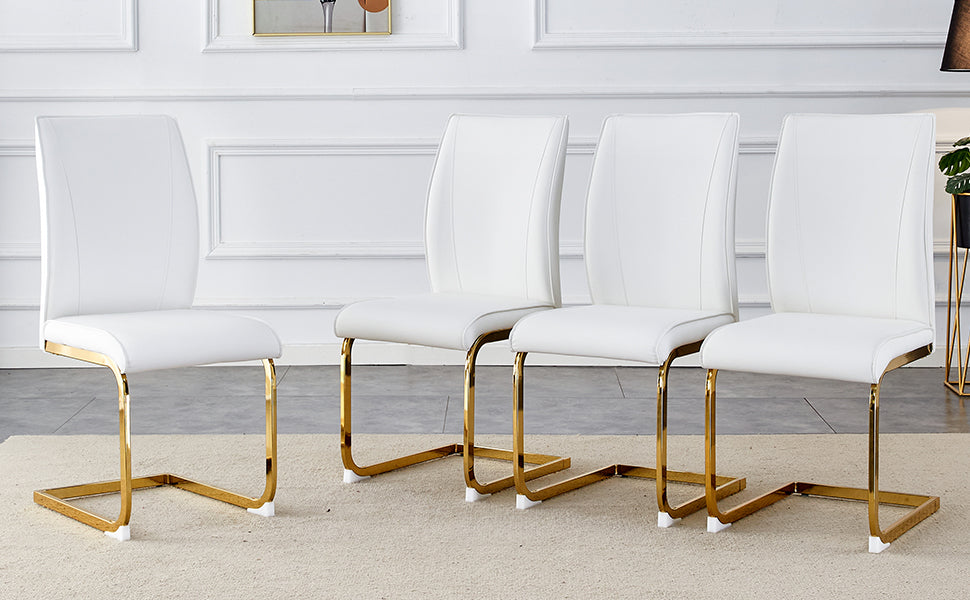Luxury Simple Arch Chair Set Of 4 White Pu Material High Resilience Dining Chair With Arched Metal Gold Leg. White Gold Metal,Pu