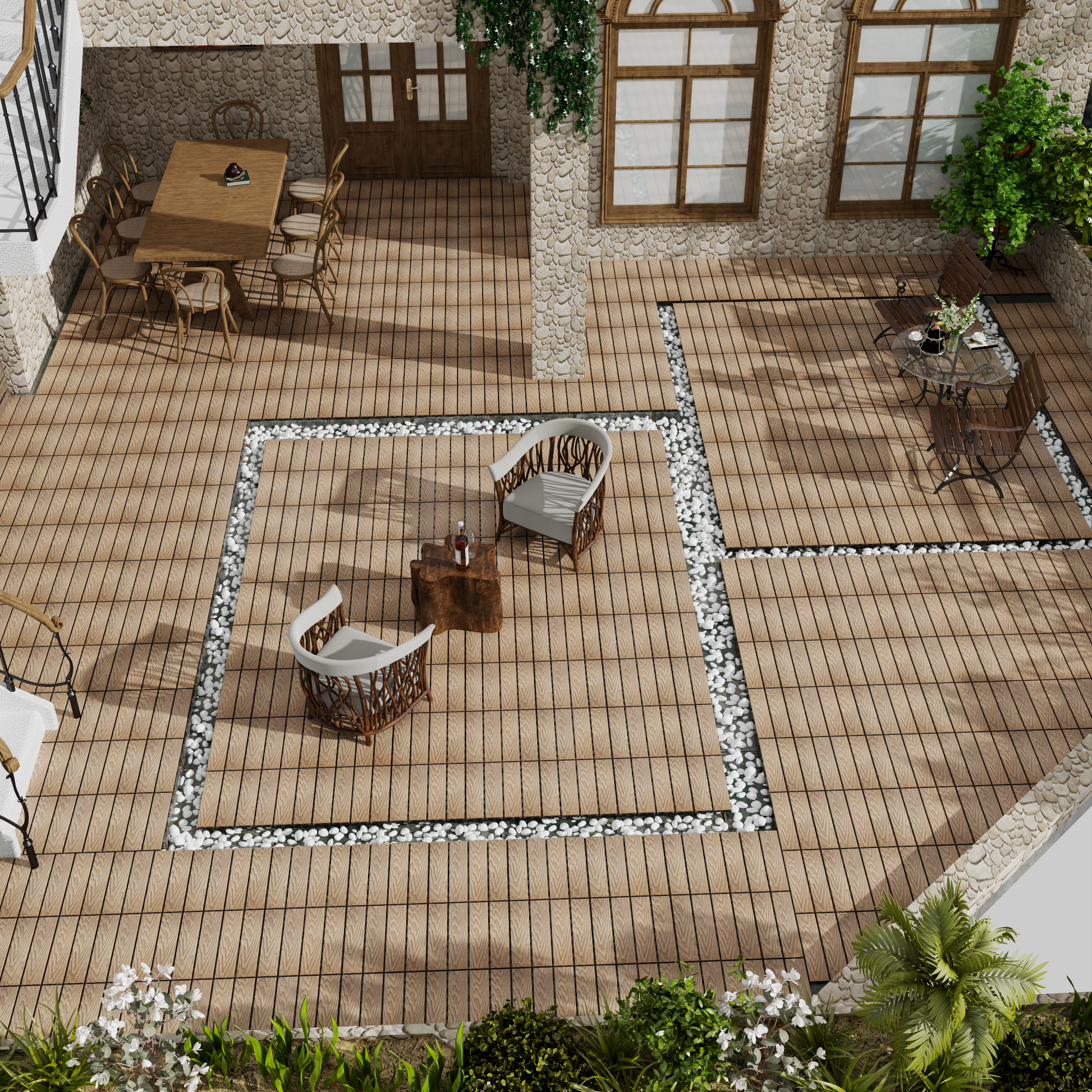Patio Floor Tiles Pack Of 22 Wpc Wood Plastic Composite Patio Deck Tiles Diy Interlocking Decking Tiles, Quick Deck Floor Tile, Court Tile, Water Resistant Indoor Outdoor 11.8" 3D Teak Teak Plastic