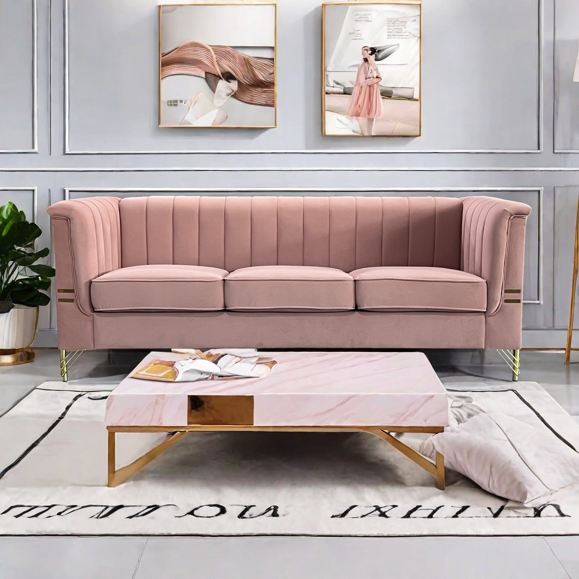 Fx P82 Pk Sofa Modern Designs Velvet Upholstered Living Room Sofa, 3 Seat Sofa Couch With Golden Metal Legs For Home, Apartment Or Office Pink Sofa Pink Velvet 3 Seat