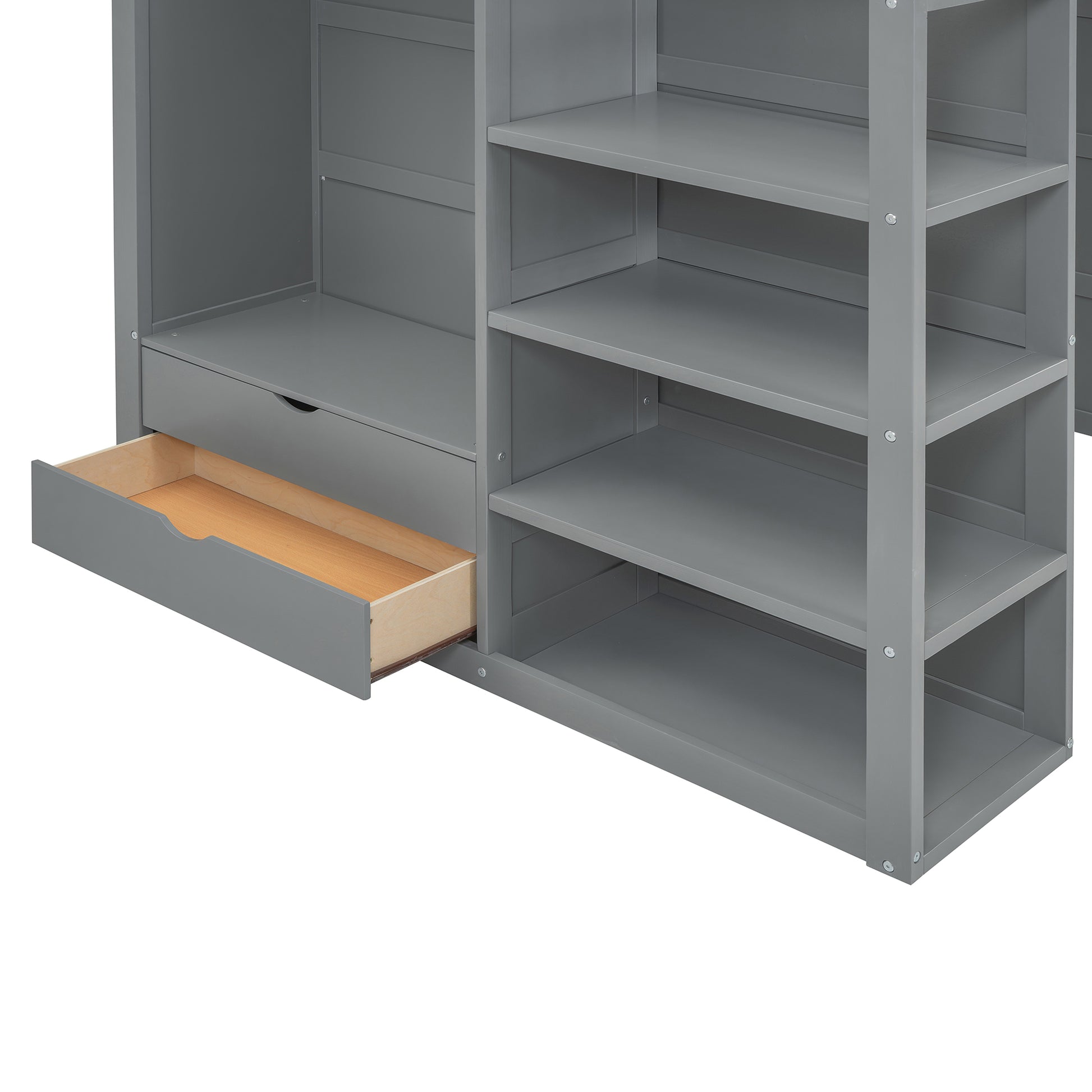 Full Size Loft Bed With Desk, Wardrobes, 4 Drawers And 4 Shelves Gray Full Gray Solid Wood