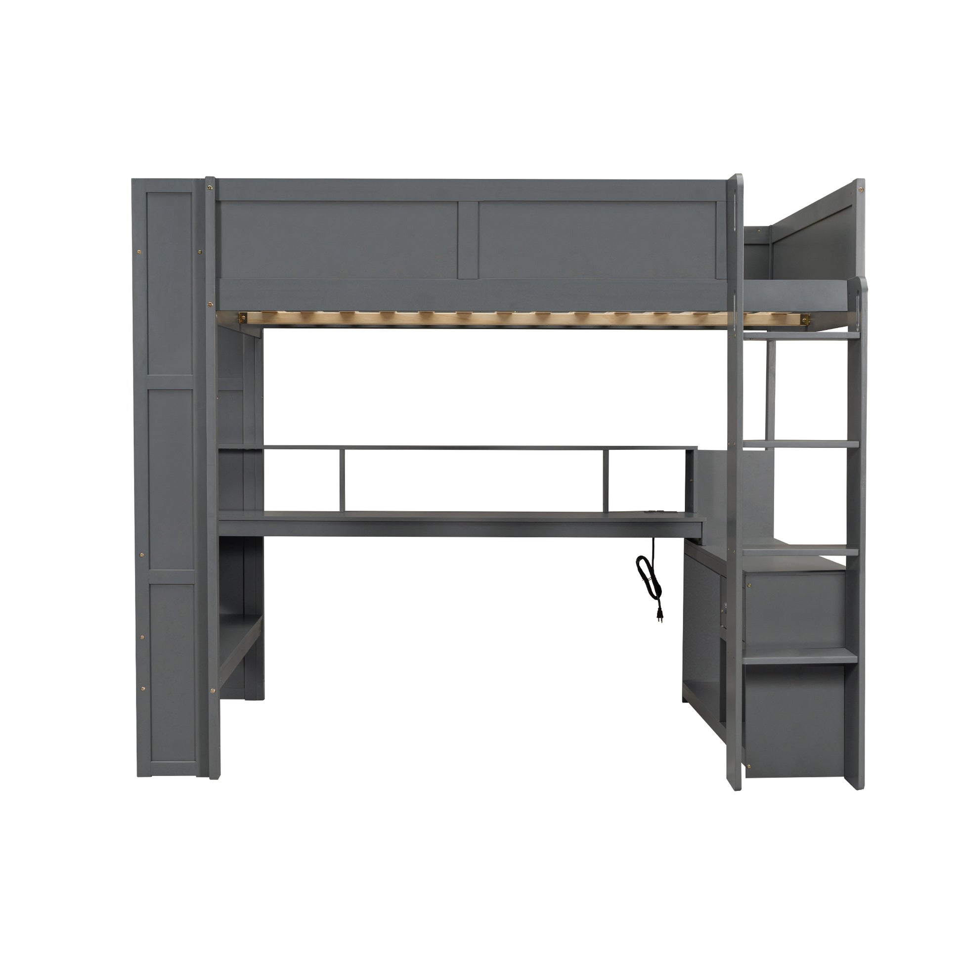 Wood Full Size Gaming Loft Bed With Desk, Multi Storage Shelves, Led And Charging Station, Dark Gray Box Spring Not Required Full Dark Gray Wood Bedroom Bed Frame Solid Wood Mdf
