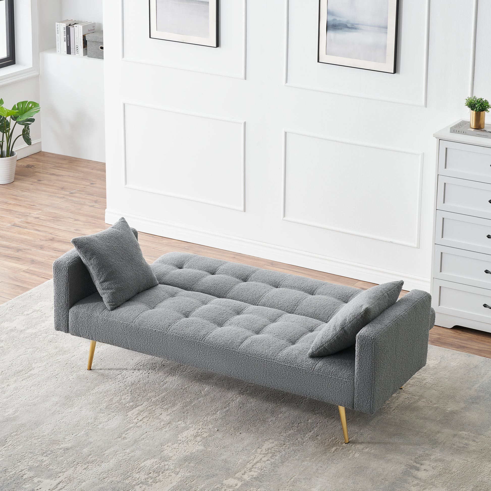 71.7 Inch Grey Teddy Fleece Sofa Bedbring Two Throw Pillows Grey Fabric 2 Seat