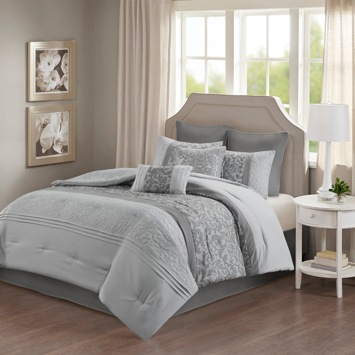 Embroidered 8 Piece Comforter Set Grey Queen Queen Grey Polyester