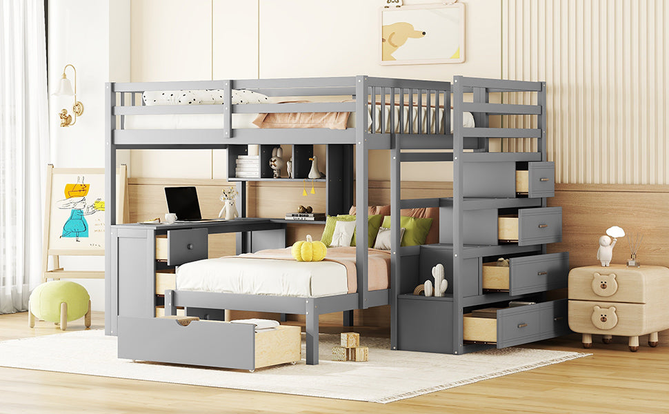 Full Over Twin Bunk Bed With Desk, Drawers And Shelves, Gray Gray Solid Wood