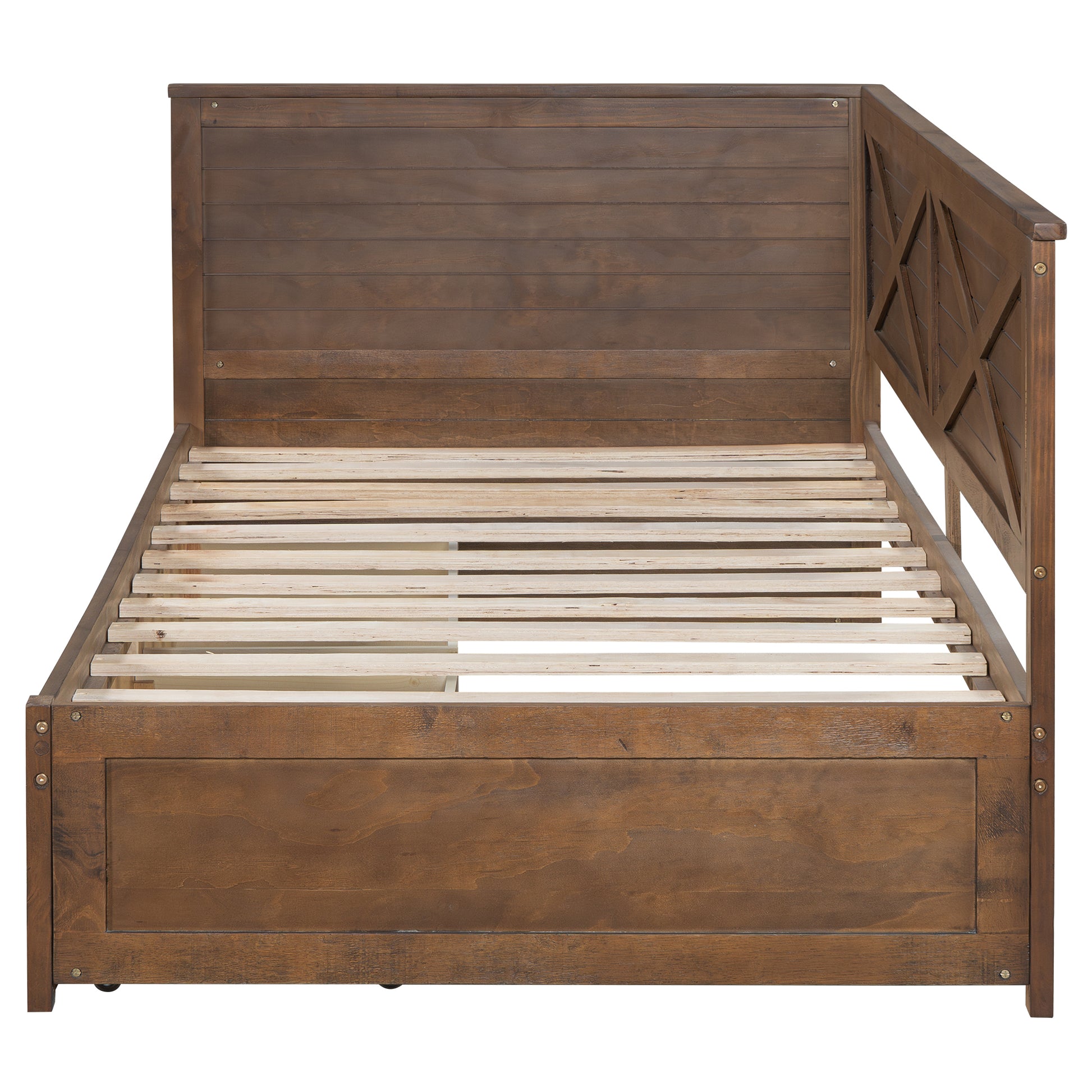 Twin Size Wood Daybed With 2 Drawers And Rustic Guardrail, Ancient Brown Expected Arrival Time: 8.28 Box Spring Not Required Twin Brown Wood Daybeds Solid Wood Mdf