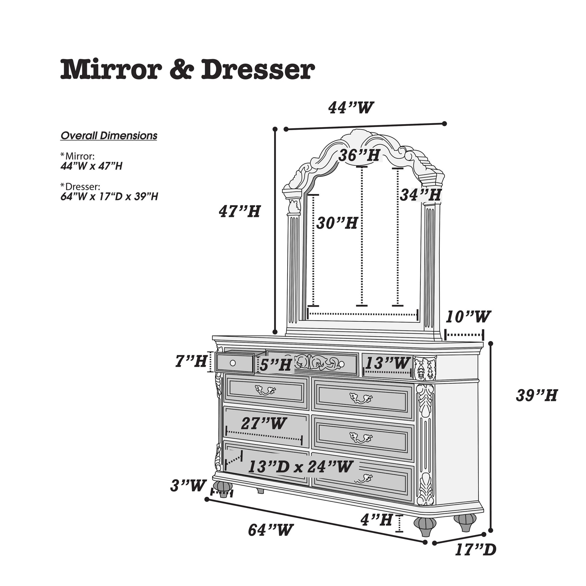 Traditional Formal Antique Cherry Antique Walnut Unique Design Dresser W Mirror Drawers Storage Bedroom Furniture Walnut Brown Bedroom Contemporary,Luxury,Traditional Rubberwood Particle Board Mdf