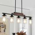 Farmhouse Industrial 5 Light Kitchen Island Pendant Light, Metal Wood Chandelier With Clear Glass Shades, Adjustable Height Hanging Fixture For Dining Room, Living Room, And Kitchen No Bulbs Walnut Black Glass,Iron