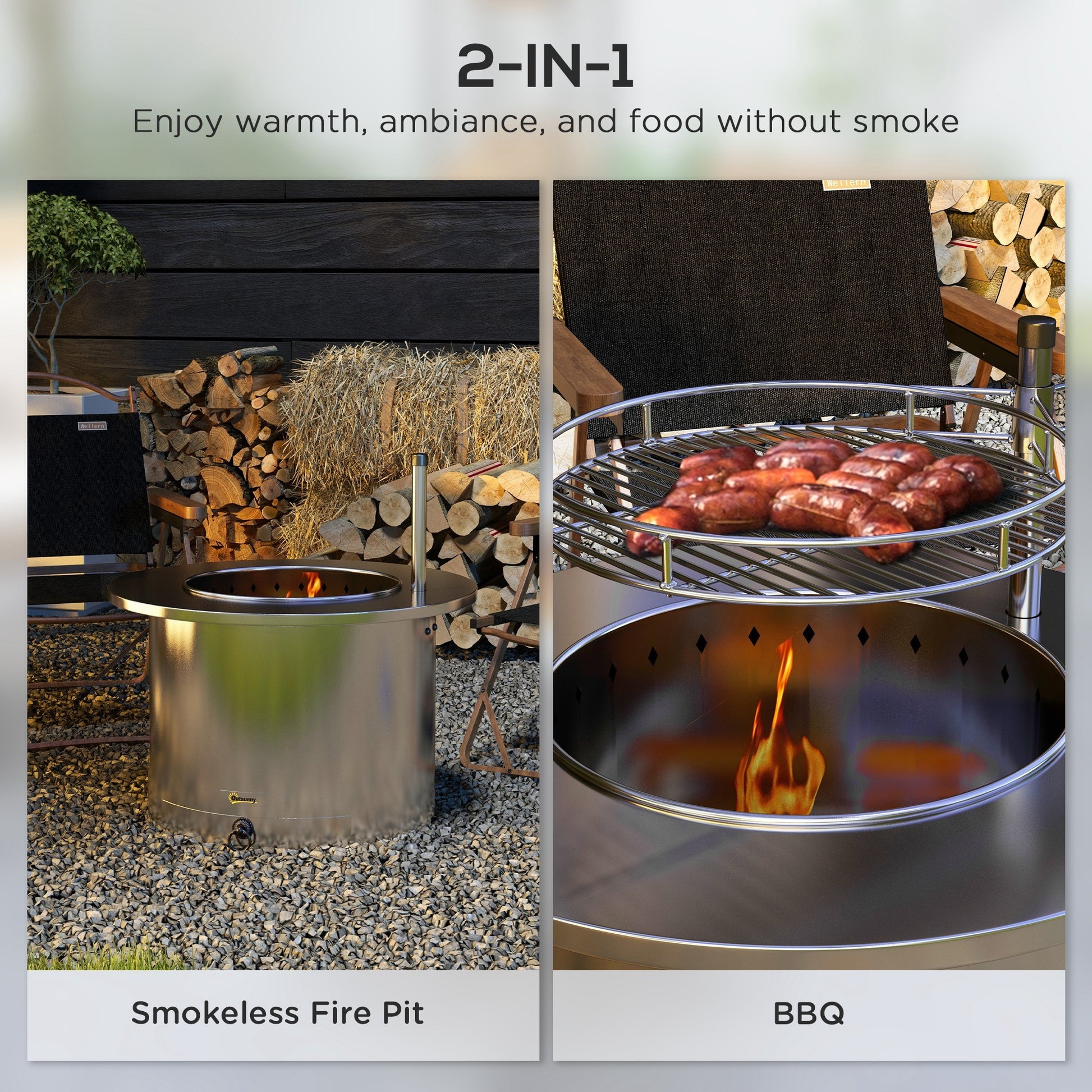 Outsunny 2 In 1 Smokeless Fire Pit, Bbq Grill, 25" Portable Wood Burning Firepit With Cooking Grate, Ash Tray & Poker, Low Smoke Camping Bonfire Stove For Patio Picnic, Stainless Steel, Silver Silver Stainless Steel