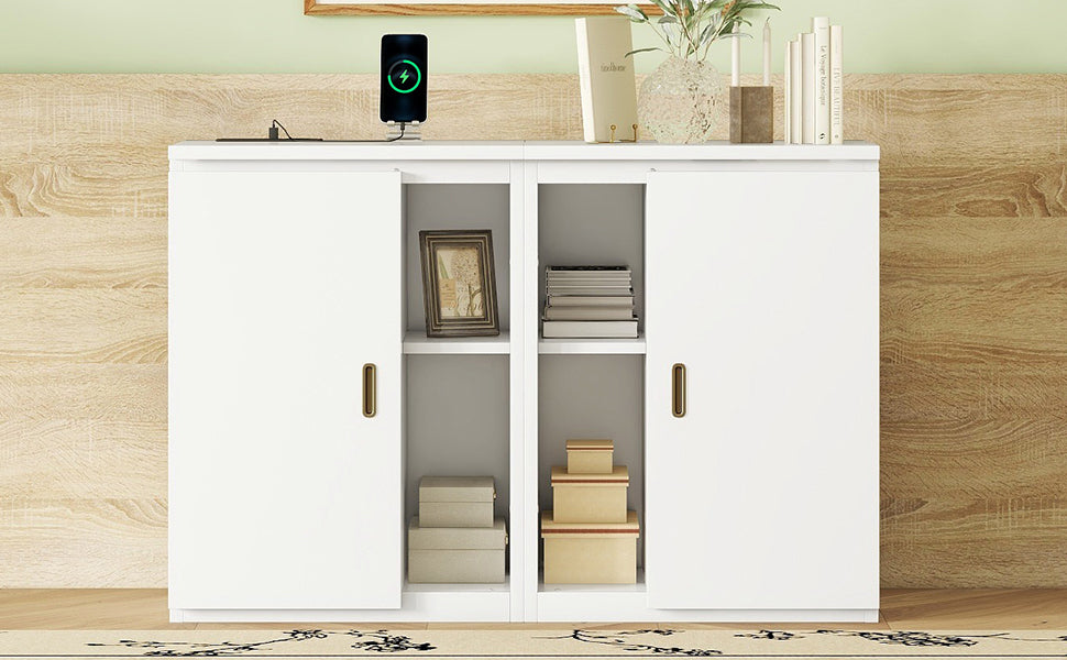 Full Size Murphy Bed With Shelves, Cabinets And Usb Ports,White White Mdf Lvl
