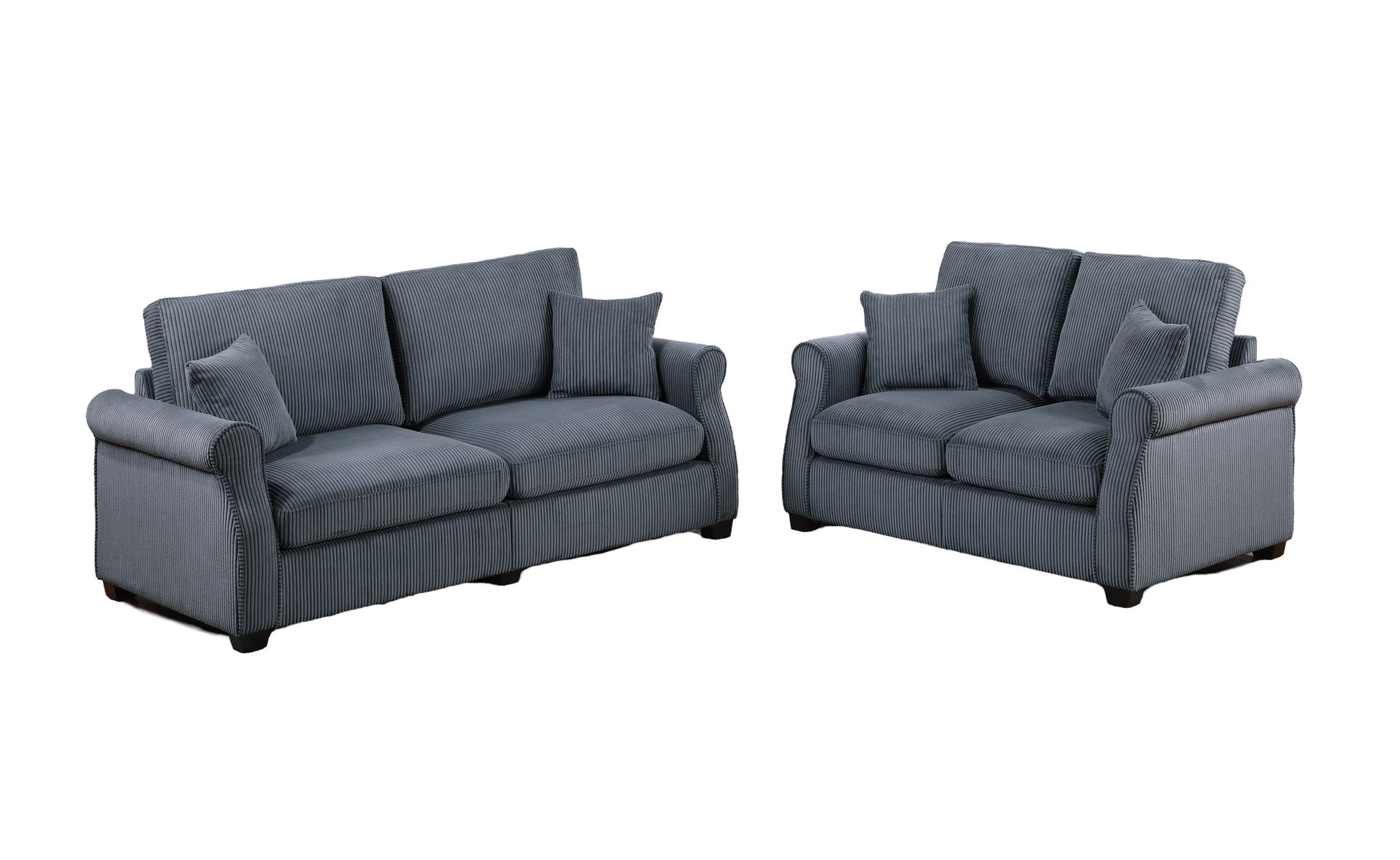 Classic Living Room 2Pc Sofa Set Dark Gray Corduroy Sofa Loveseat W Pillows Square Arms Plush Couch Dark Gray Primary Living Space Cushion Back Classic,Contemporary,Modern Rubberwood Rolled Arms Corduroy 4 Seat