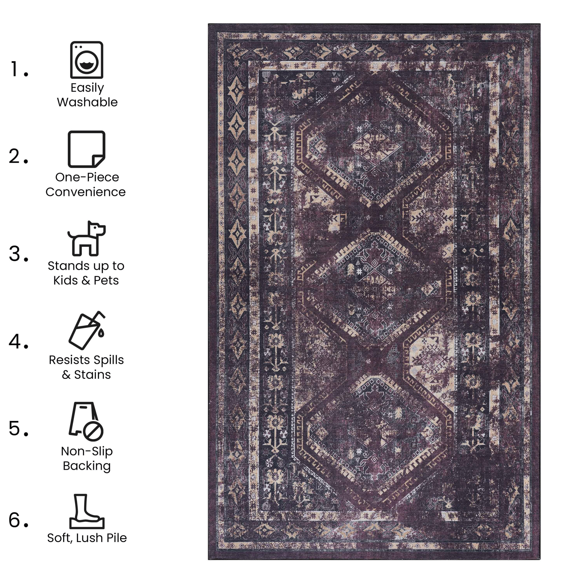 8X10 Area Rugs, Washable Rug, Low Pile, Non Slip, Non Shedding, Foldable, Kid&Pet Friendly Area Rugs For Living Room, Bedroom, Kitchen, Dining Room Rug Perfect Gifts, Black Burdy, 8'X10' Black Burgundy Chenille Polyester