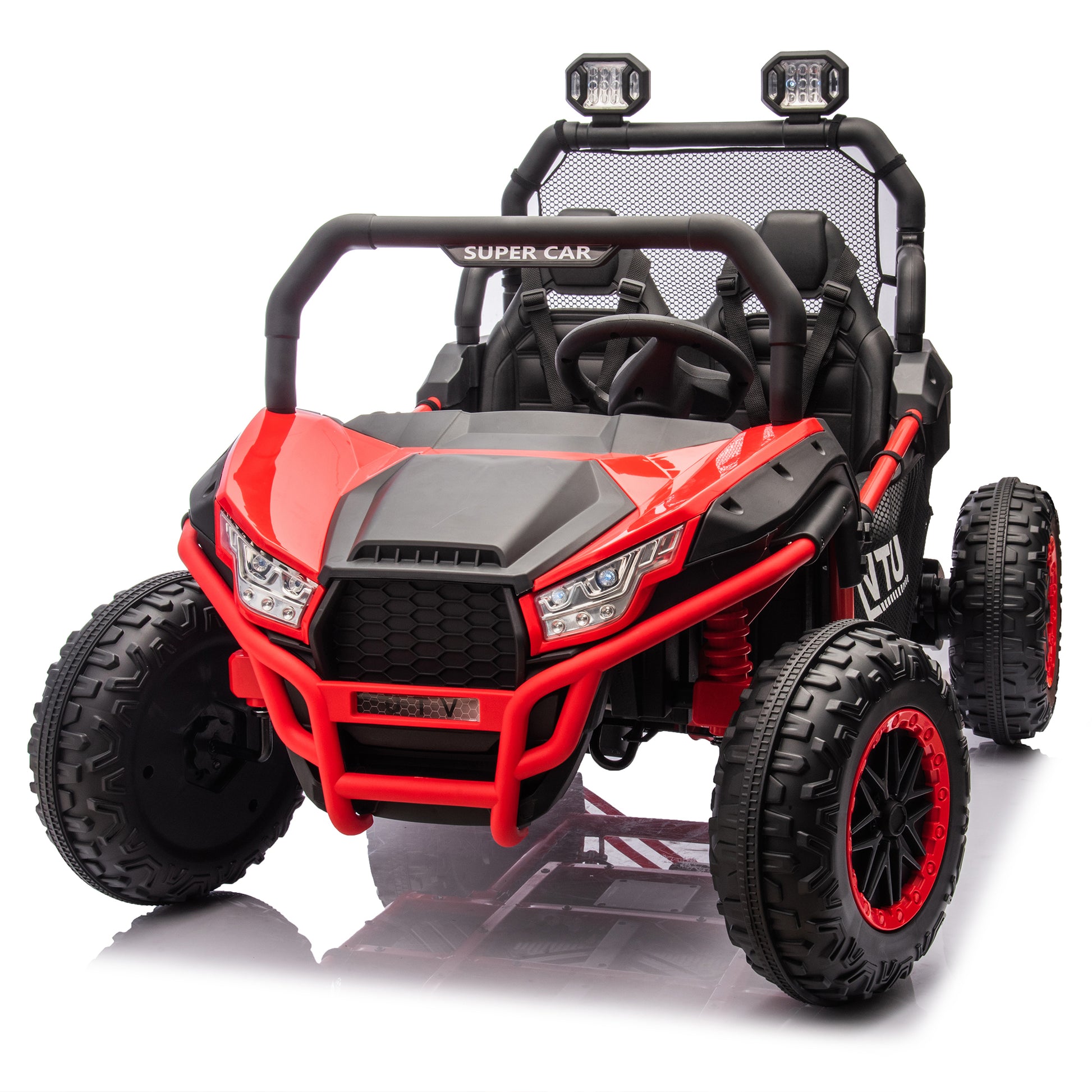 24V Two Seater Kids Ride On Utv W Parents Control,400W Super Power,Four Wheel Suspension,Led Light With Rear Searchlight,Bluetooth,Mp3,Music,Rear Storage Space,Speeds 3.73 4.97Mph For Kids Aged 3 . Red 50 99 Lbs Polypropylene