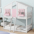 Twin Over Twin House Bunk Bed With Roofwindow, Window Box, Doorwith Safety Guardrails And Ladder, Pink White Twin Pink White Pine