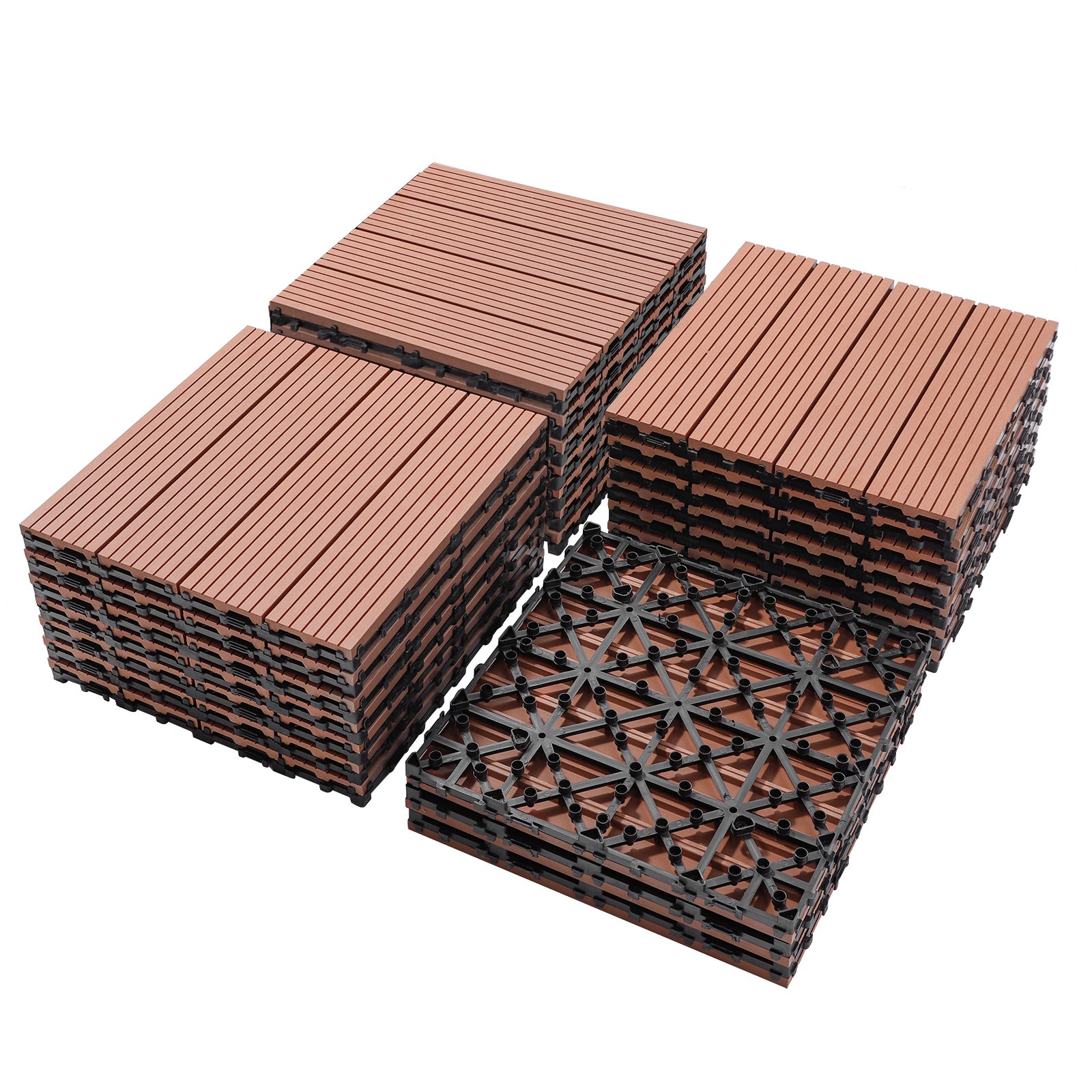 Wood Plastic Composite Deck Tiles Set Of 20, Sustainable Fsc Composite Decking Resist Rust, Water, Weather, Easy To Diy & Maintain, Ideal For Patios, Balconies, Rooftops, Mahogany Colour Mahogany Wood Plastic