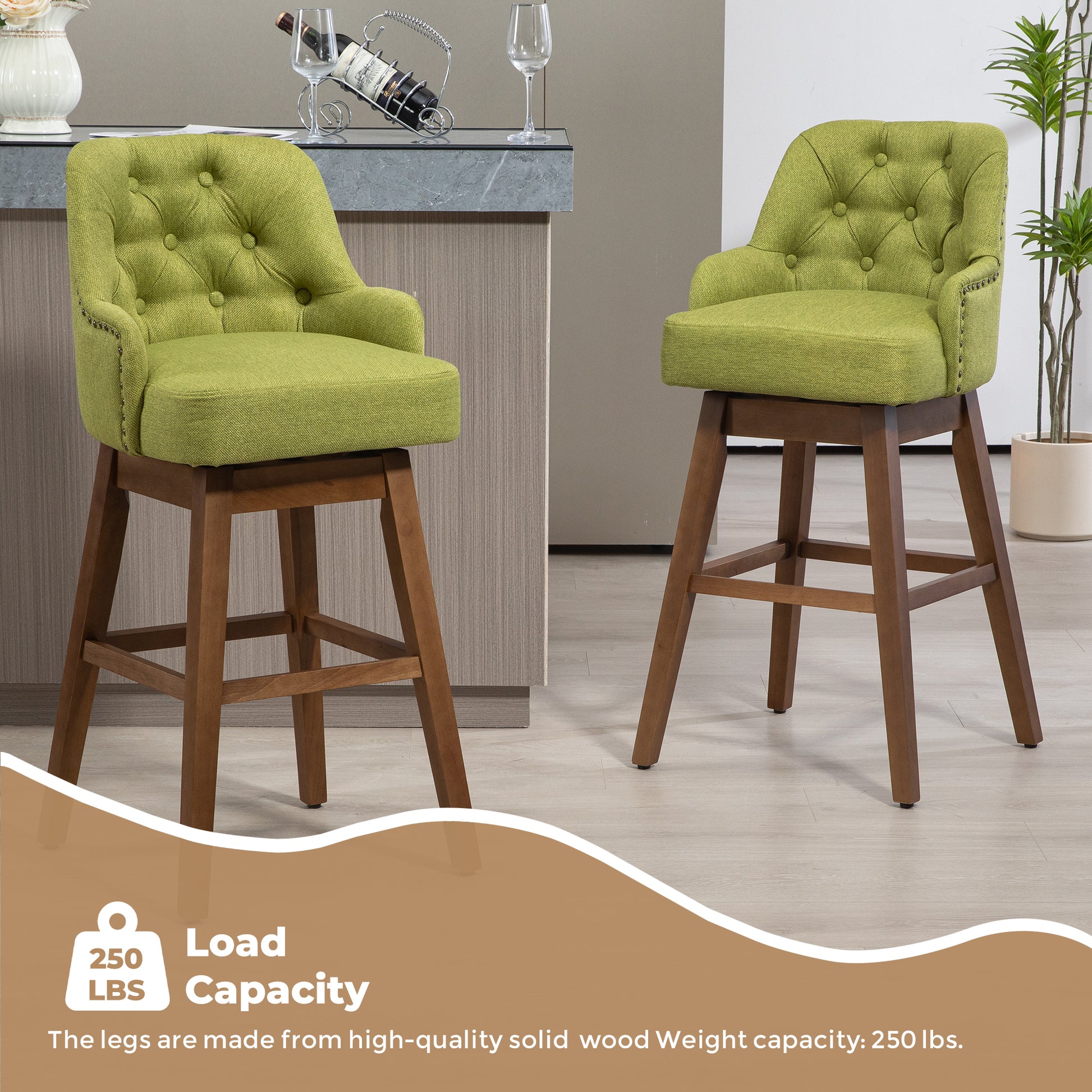 Coolmore Bar Stools Set Of 2 Counter Height Chairs With Footrest For Kitchen, Dining Room And 360 Degree Solid Wood Legs Swivel Bar Stools Set Of 2 Olive Linen Olive Foam Linen