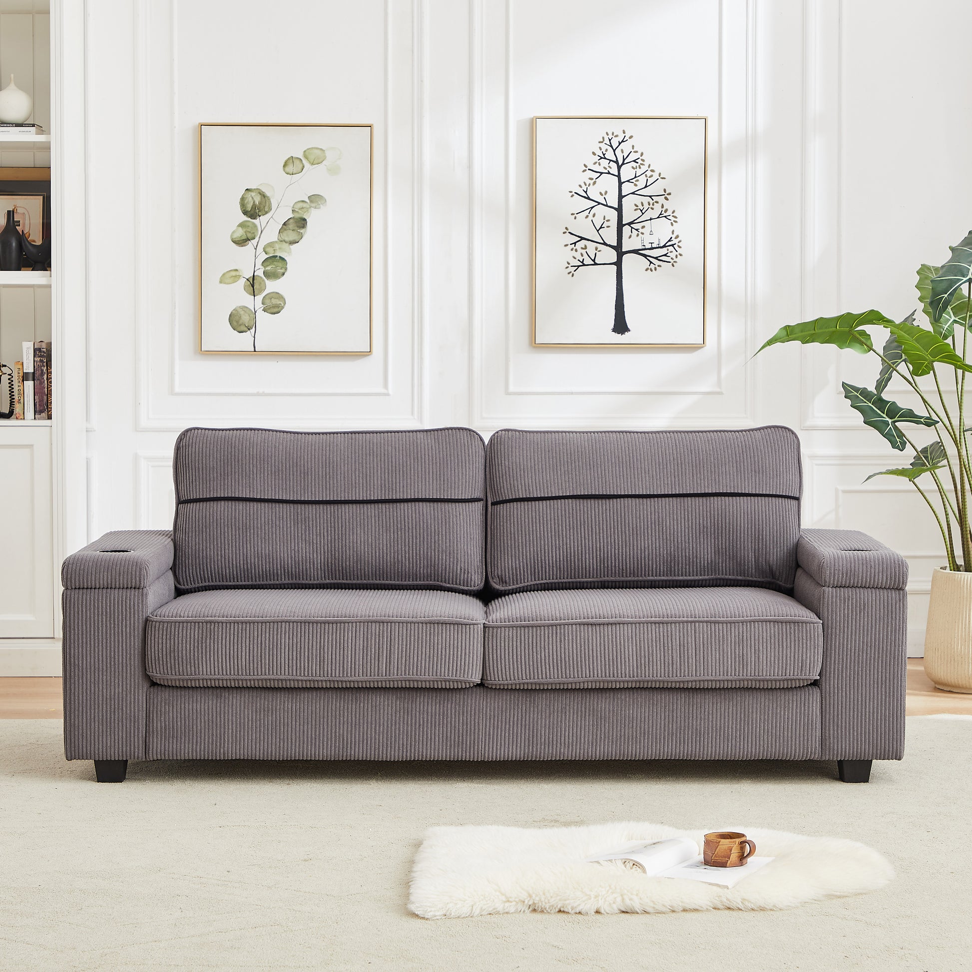 86.5 Inch Sofa Couch Deep Seat Sofa With Two Storage Spaces, T Pyce Charging Portsusb Charging Ports & 2 Cup ,Corduroy 3 Seater Couch, Modern Sofas For Living Room Grey Foam Corduroy 3 Seat