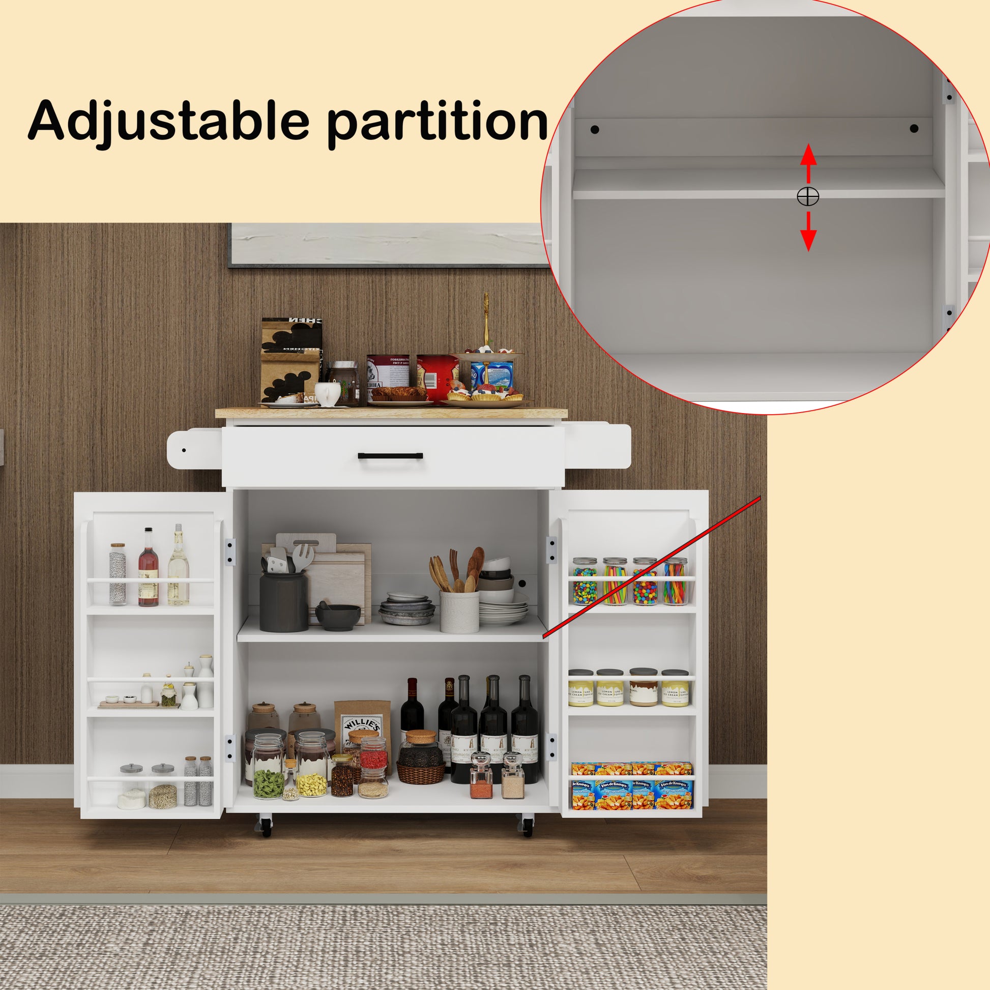 Kitchen Island Rolling Trolley Cart With 1 Drawer & 2 Doors With Storage Racks & Adjustable Shelves & Towel Rack & Seasoning Rack Rubber Wood Table Top White White Solid Wood Mdf