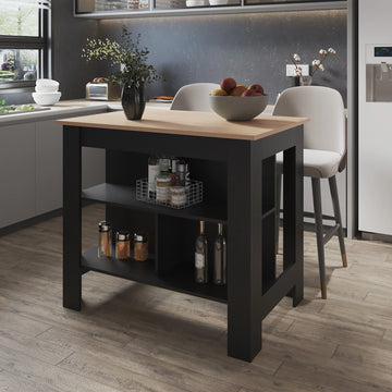 Light Pine And Black Kitchen Island With Open Storage Beige Black Melamine