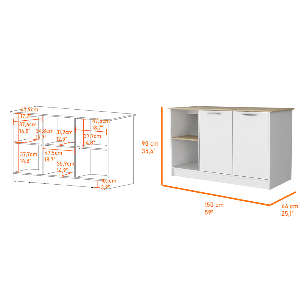 Mercury Kitchen Island With Spacious Countertop, Double Door Cabinets, And 2 Open Storage Shelves Multi Kitchen Modern Rectangular Stationary Kitchen Islands Melamine Particle Board Large 56 In