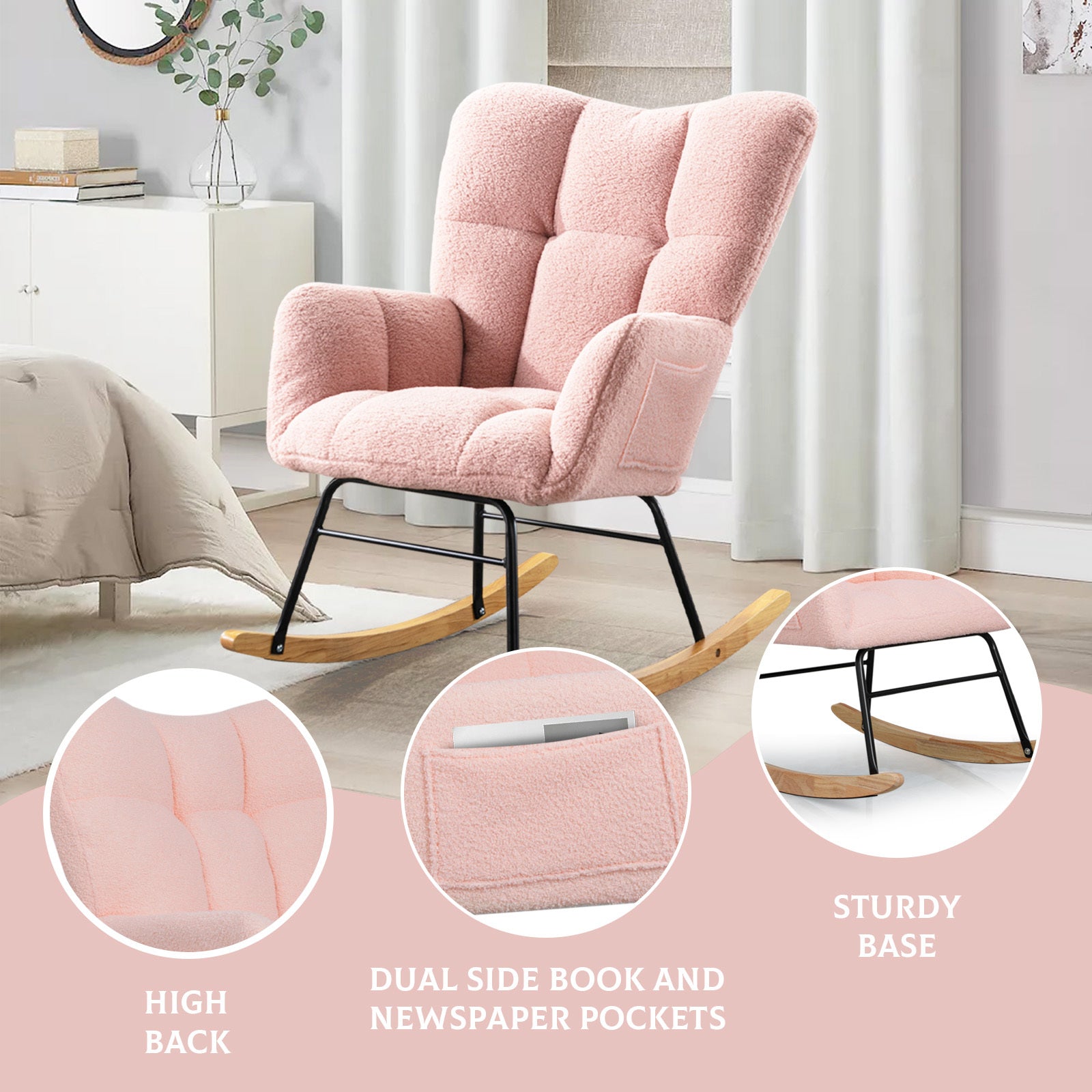 Teddy Fabric Rocking Chair, Upholstered Rocker Armchair With High Backrest, Modern Rocking Accent Chair For Nursery, Living Room, Bedroom, Pink Metal Pink Light Brown Bedroom Foam Wipe Clean Modern Rocking Chairs Rubberwood Tufted Back Foam Fabric