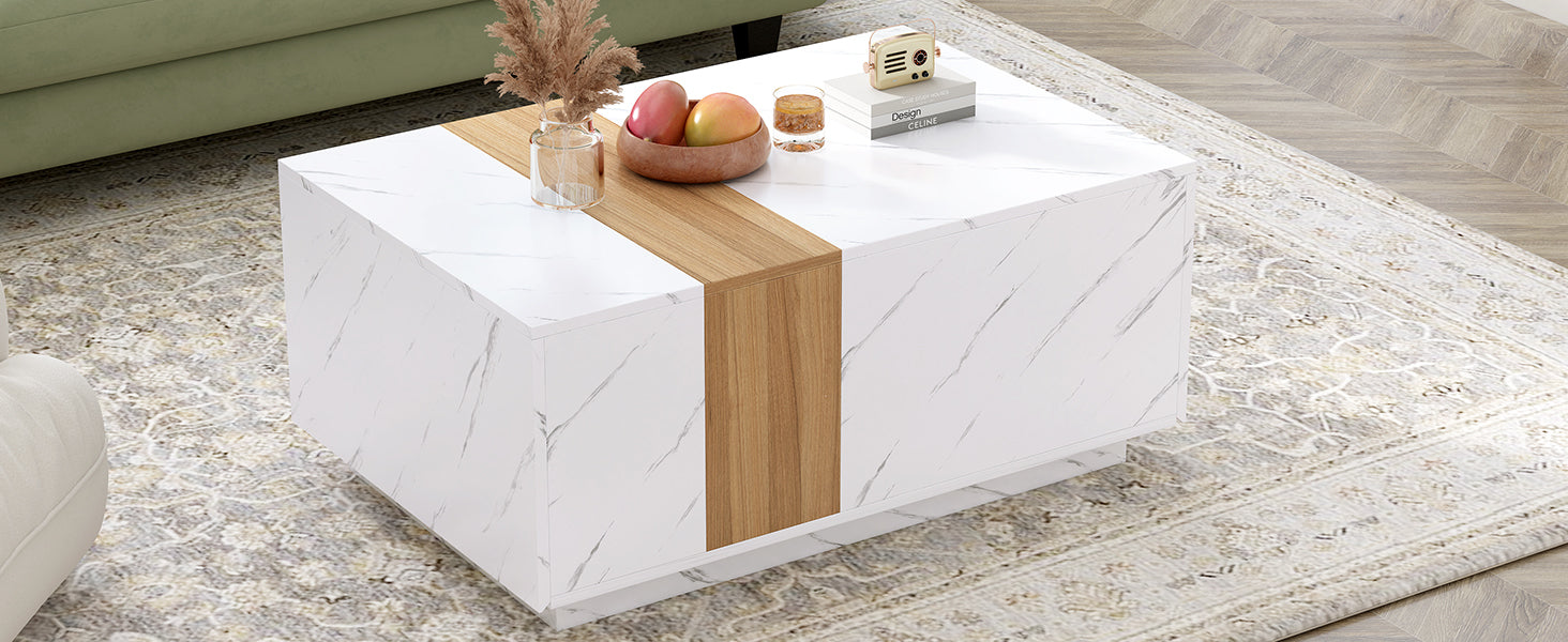 Modern 35.4 X 23.6 Inch Two Tone Coffee Table With Faux Marble And Walnut Wood Grain Finish, Rectangular Center Table With 2 Storage Drawers, Practical Cocktail Table For Living Room, White White Primary Living Space Drawers Rectangular Particle Board