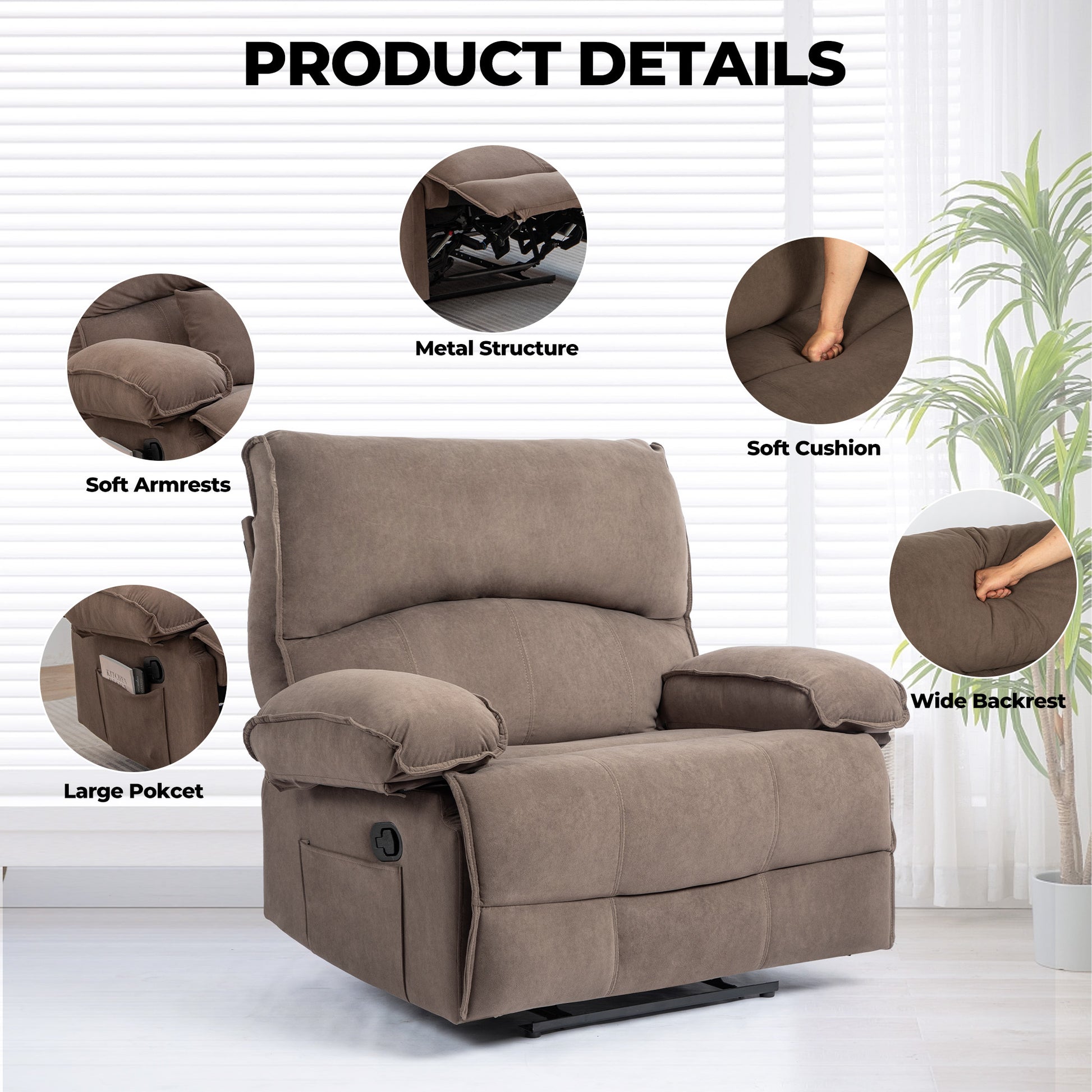 Oversized Manual Recliner Chair Sofa For Living Room Brown Velvet Manual Handle Metal Primary Living Space Soft Cushion Back Heavy Duty American Design,American Traditional,Classic Pillow Top Arms Foam Velvet