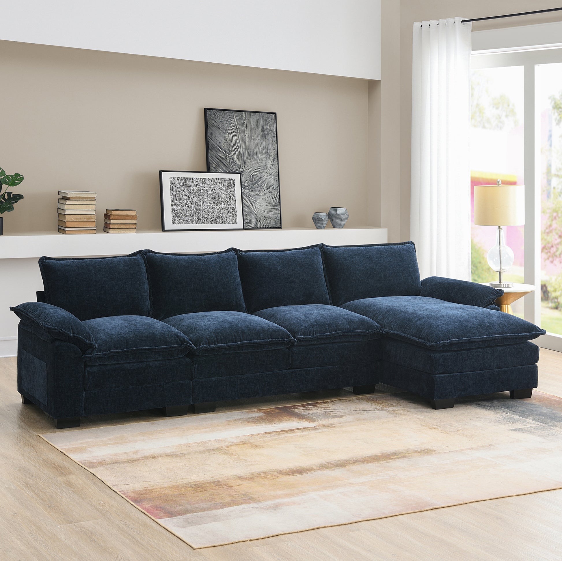 Video 118" Modern Chenille Sectional Sofa With Double Cushions,Storage Pockets,5 Seat Upholstered Indoor Furniture,L Shaped Comfy Cloud Couch With Reversible Chaise For Living Room,Apartment,3