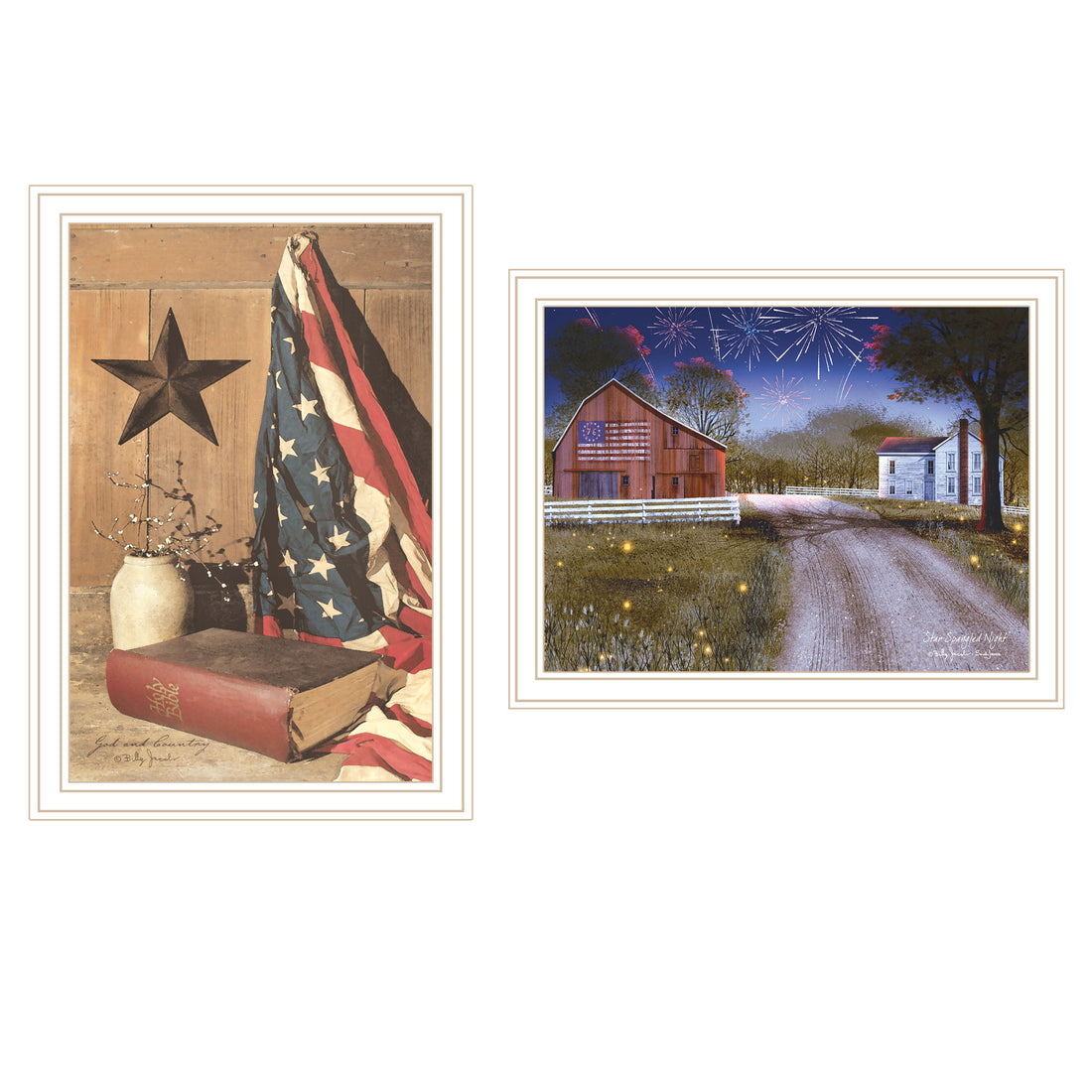 2 Piece Vignette Star Spangled Night, God & Country White Framed Wall Art For Living Room, Bedroom Wall Art Print For Home Decor By Billy Jacobs Multicolor Wood Paper