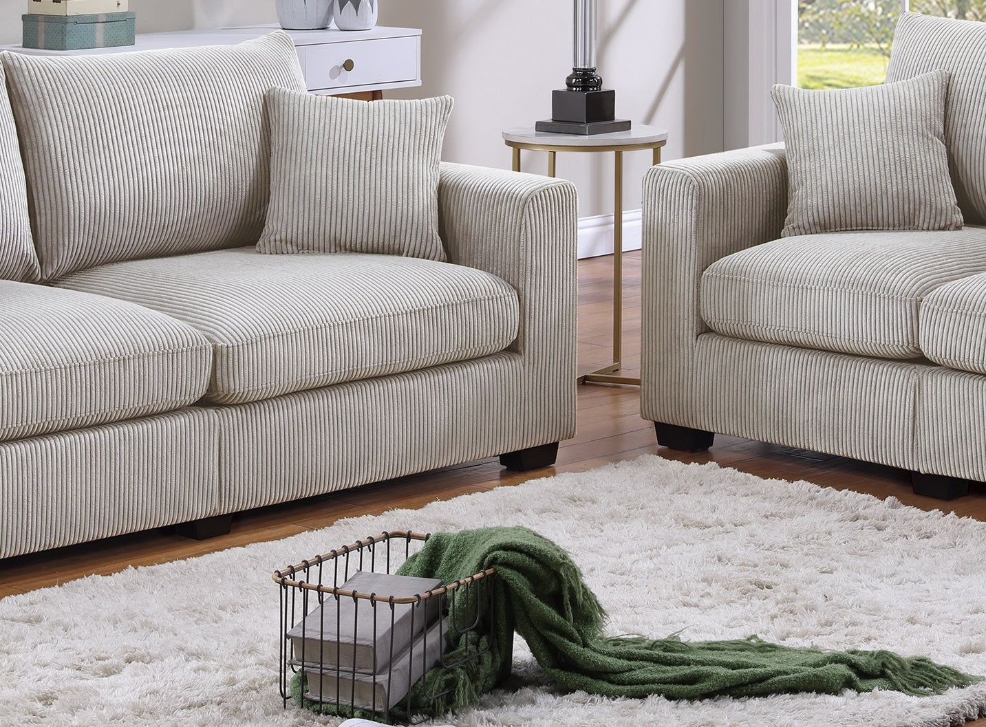 Classic Living Room 2Pc Sofa Set Ivory Corduroy Sofa And Loveseat W Pillows Square Arms Plush Couch Ivory Primary Living Space Cushion Back Classic,Contemporary,Modern Rubberwood Square Arms Corduroy 4 Seat