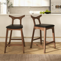 Hester Solid Wood Upholstered Square Bar Chair Set Of 2 Black,Brown Brown Dining Room Mid Century Modern Foam Pu Leather,Solid Wood