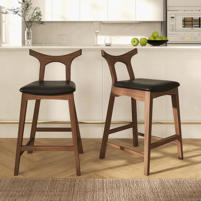 Hester Solid Wood Upholstered Square Bar Chair Set Of 2 Black,Brown Brown Dining Room Mid Century Modern Foam Pu Leather,Solid Wood