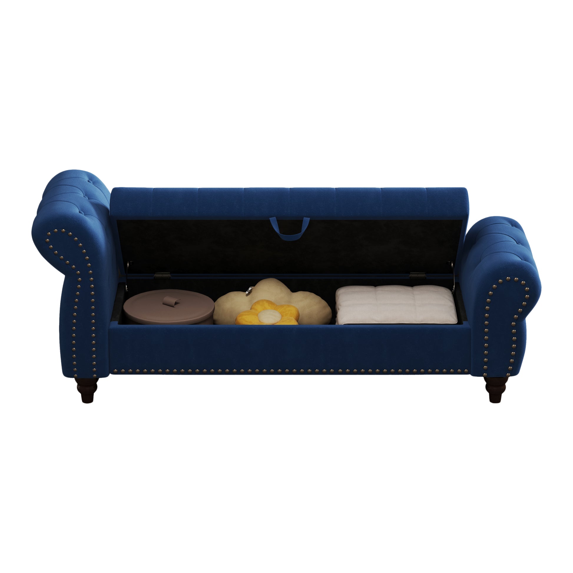 64.5" Bed Bench For Bed Room Nails Tufted Chaise Of Lounge With Storage Velvet Upholstery Navy Blue Navy Blue Bedroom Foam Velvet