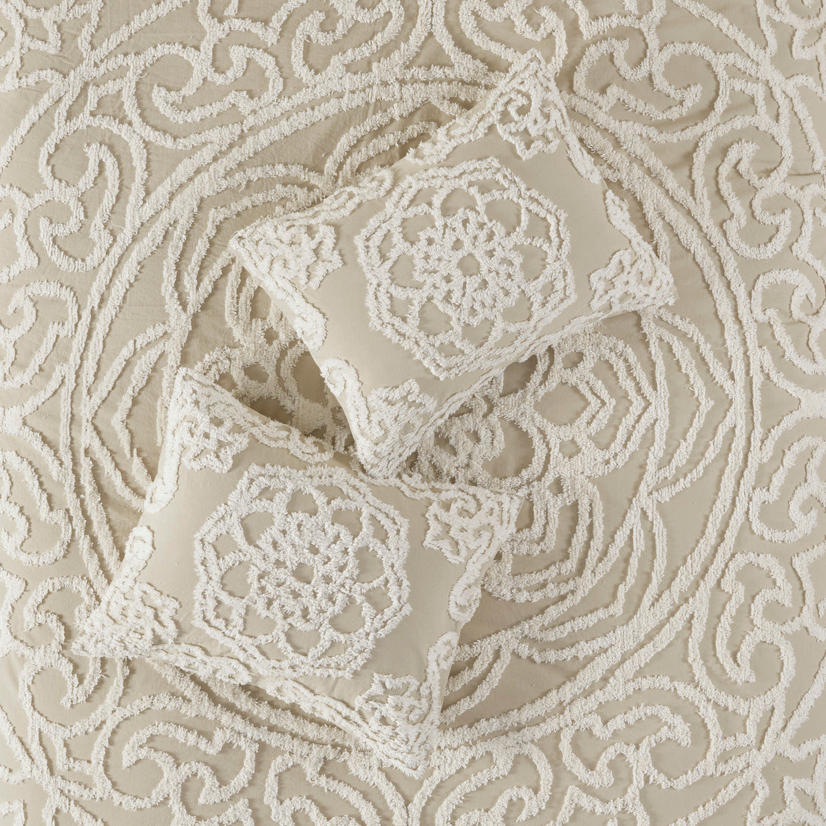 Tufted Cotton Chenille Medallion Fringe Coverlet Mini Set Taupe Full Queen Full Taupe Cotton