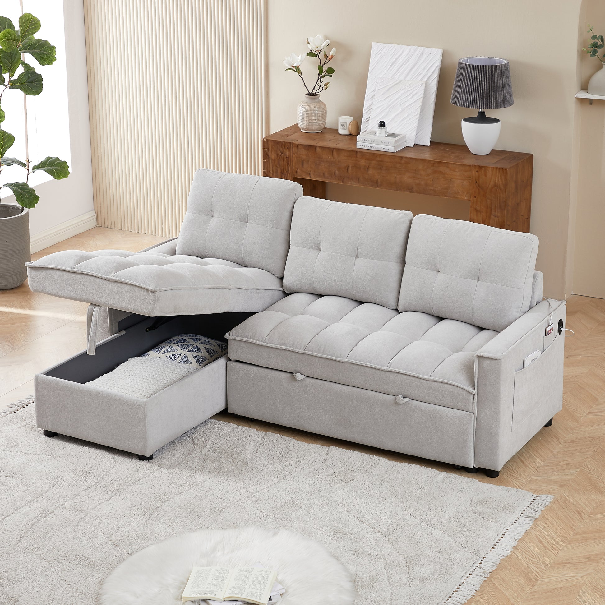 Mh 78.75" Reclining Sofa, Pull Out Sofa Bed With Usb And Tape C Charging Ports, L Shaped Sectional Sofa With Reclining Storage And Arm Side Organizer Pocket Features, Living Room Comfort Sofa Light Grey Chenille Wood Primary Living Space Eucalyptus Foam