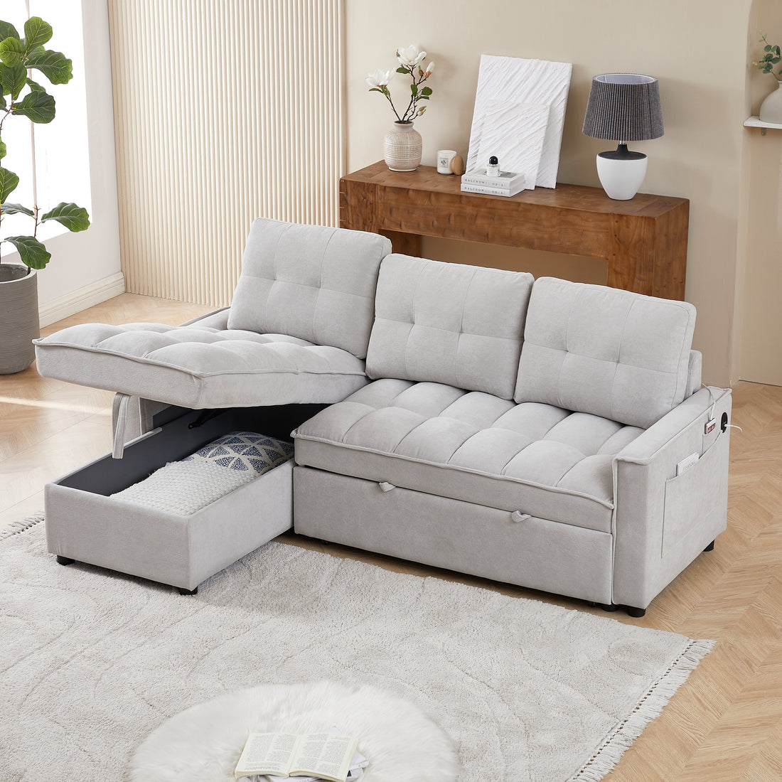 Mh 78.75" Reclining Sofa, Pull Out Sofa Bed With Usb And Tape C Charging Ports, L Shaped Sectional Sofa With Reclining Storage And Arm Side Organizer Pocket Features, Living Room Comfort Sofa Light