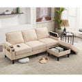 Beige Color Knock Down 3 Seat Combo Sofa With Storage Ottoman For Living Room Apartment Bedroom And Compact Room, Upholstered Sectional Couch, L Shaped Bench With A Footrest, A Individual Sto White Wood Primary Living Space Heavy Duty Pine 3 Seat Beige