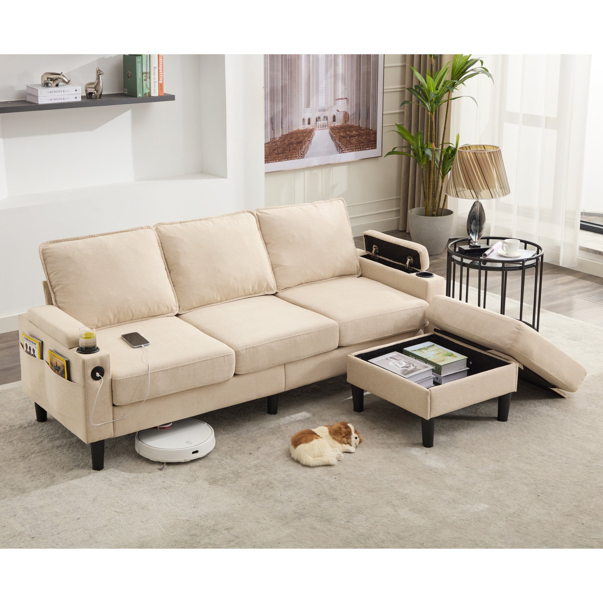 Beige Color Knock Down 3 Seat Combo Sofa With Storage Ottoman For Living Room Apartment Bedroom And Compact Room, Upholstered Sectional Couch, L Shaped Bench With A Footrest, A Individual Sto White Wood Primary Living Space Heavy Duty Pine 3 Seat Beige