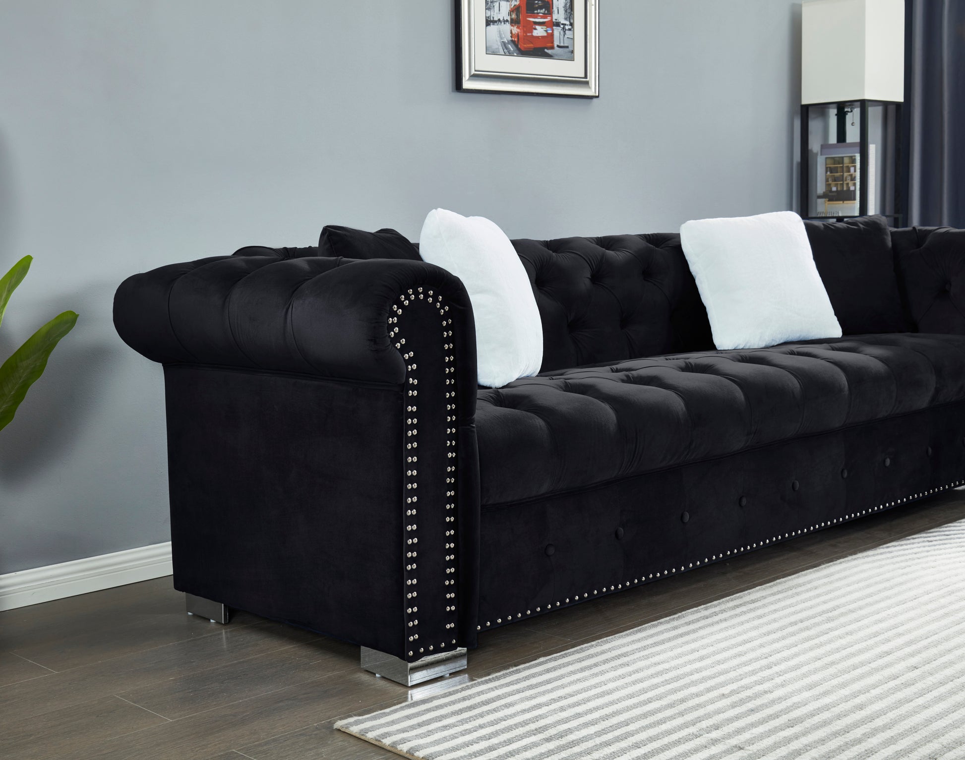 Reversible Sectional Sofa 4 Seater Oversized Convertible L Shaped Couch Velvet Sofa Couch Black Velvet 4 Seat