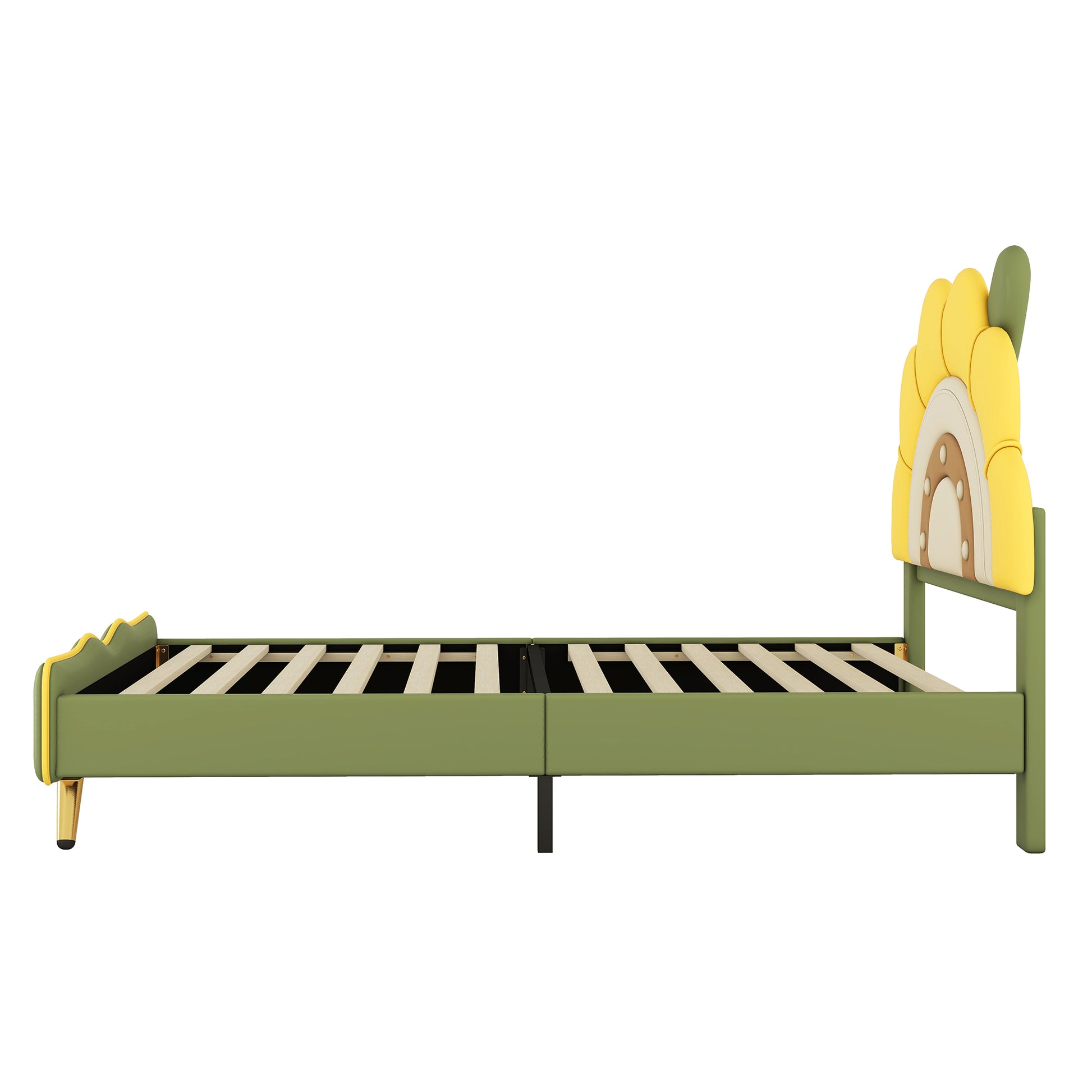 Twin Size Upholstered Platform Bed With Sunflower Shaped Headboard, Green Box Spring Not Required Twin Green Wood Bedroom Bed Frame Faux Leather Upholstered