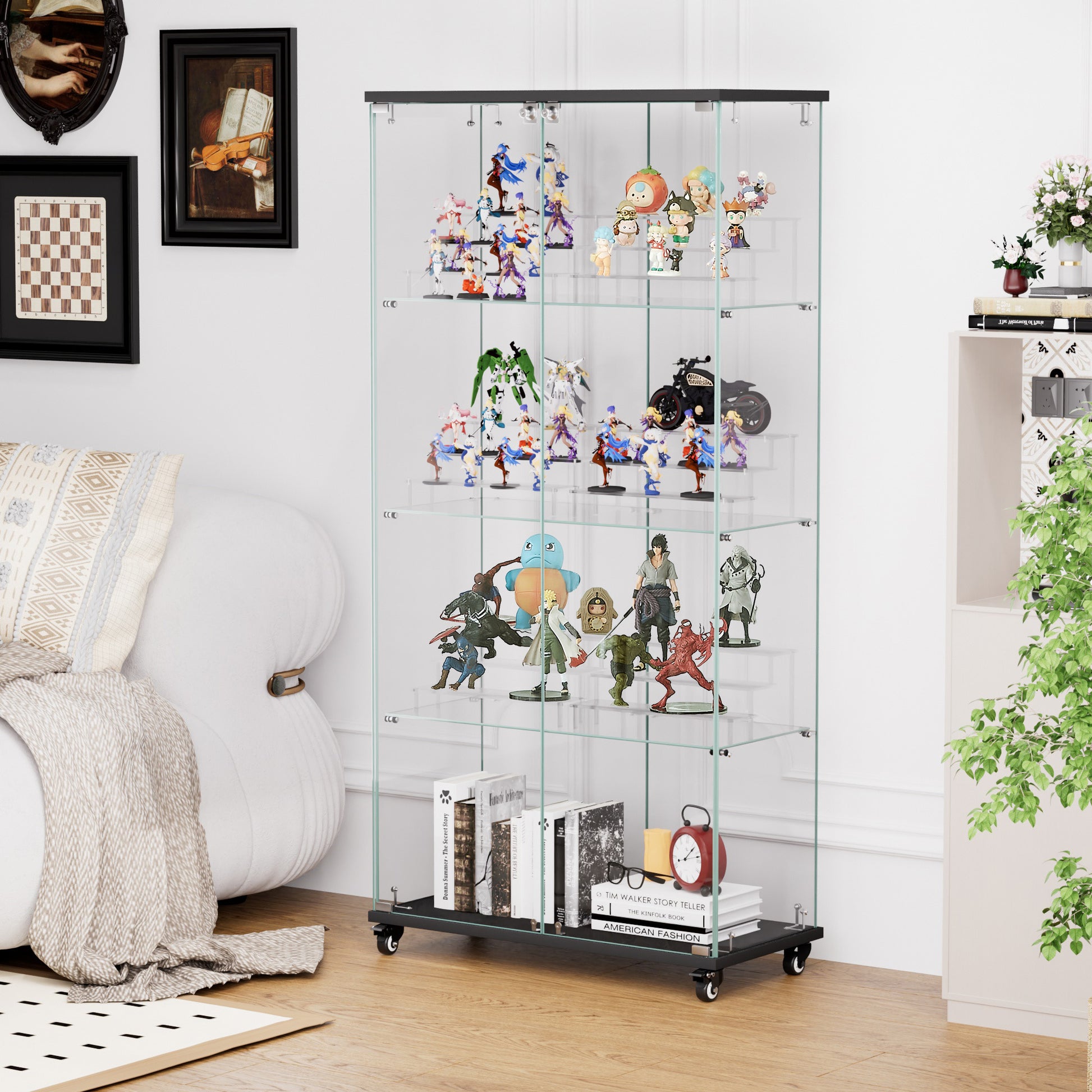 4 Tier Glass Display Cabinet, Double Door Glass Cabinet With Two Locks, Floor Standing Storage Cabinet With 6 Acrylic Shelves For Living Room, Bedroom And Office, Black, 31.5"L X 14.2"W X 65.1"H