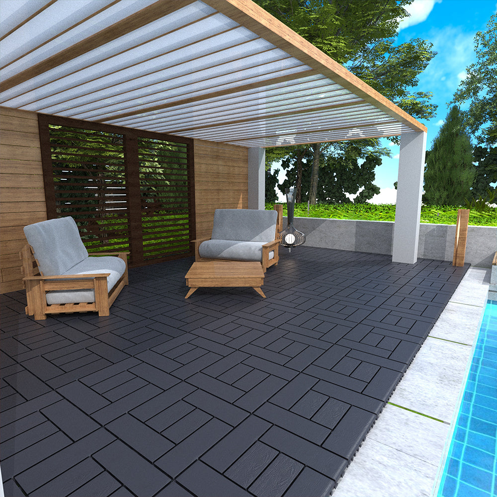 Zz Style 12" Patio Deck Tiles, Diy Module Interlocking Decking Tiles Floor Tile,Easy And Quick Installation Court Tiles For Porch Poolside Balcony Backyard 44Pcs Dark Gray Grey Polypropylene