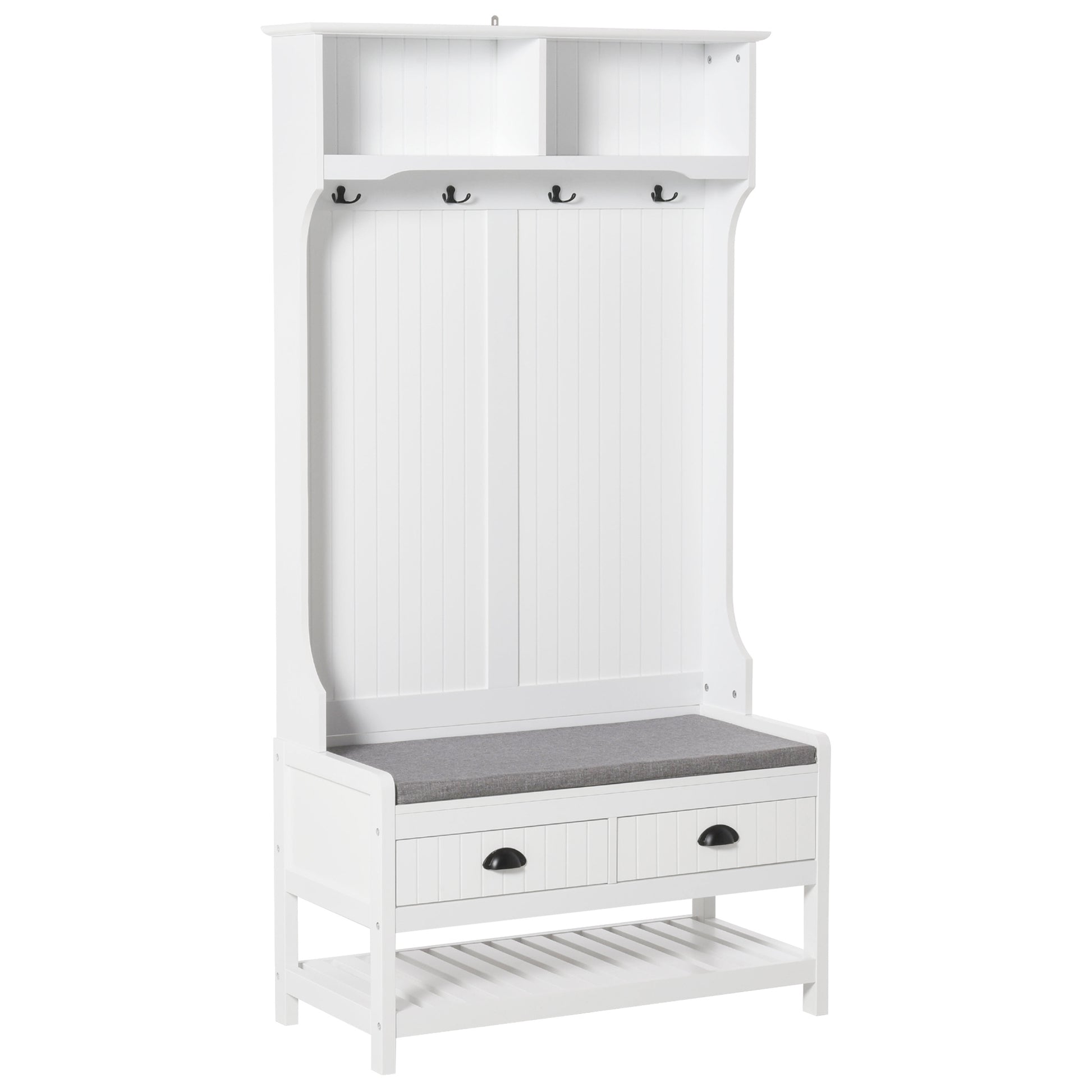 Homcom 3 In 1 Hall Tree, Entryway Bench With Coat Rack, Mudroom Bench With Shoe Rack, 2 Storage Drawers, 4 Hooks And Padded Seat Cushions For Hallway, White White Mdf