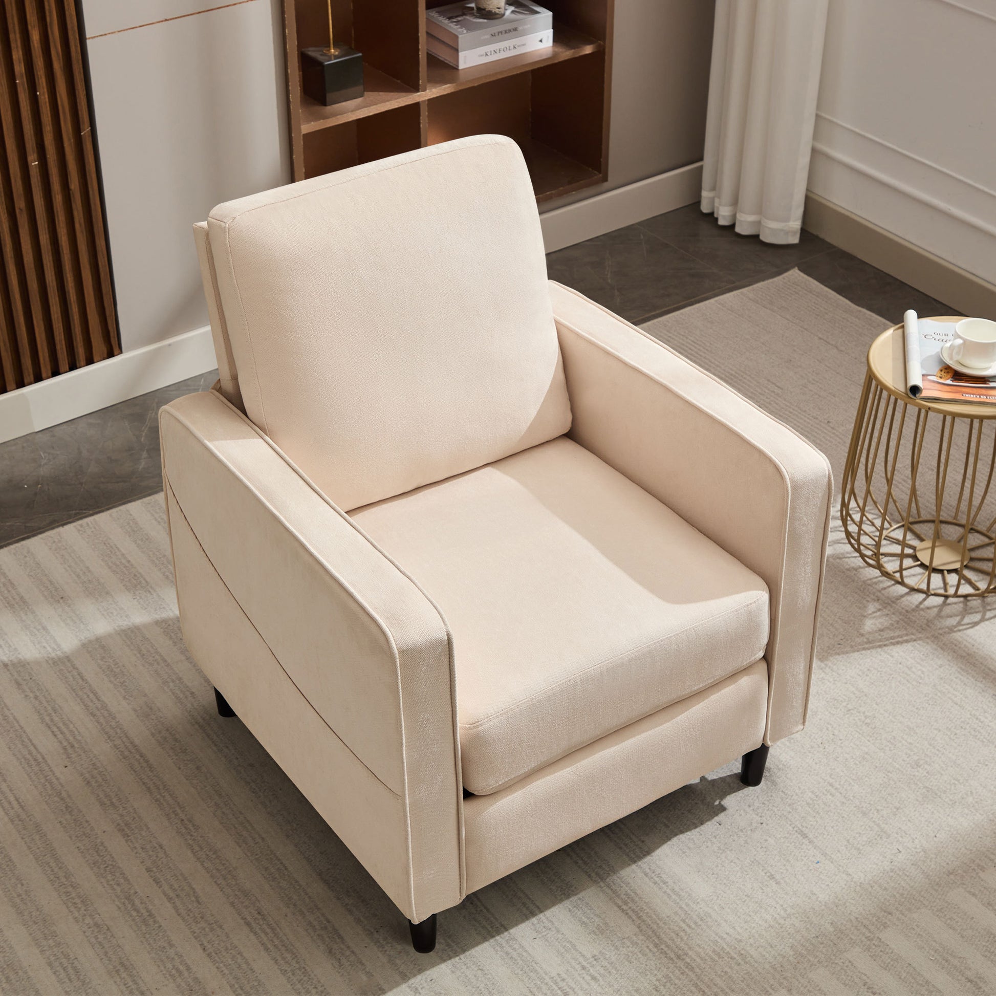 Mid Century Accent Chair ,Modern Linen Fabric Armchair For Living Room,Double Side Pockets, Comfortable And Padded Reading Feature Sofa Chair, Suitable For Bedrooms, Living Rooms, And Offices,Beige Beige Linen