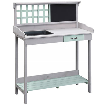 Outsunny Outdoor Wooden Potting Bench Table With Removable Sink, Garden Work Bench With Chalkboard, Drawer, Open Shelf Storage, Light Gray Gray Wood